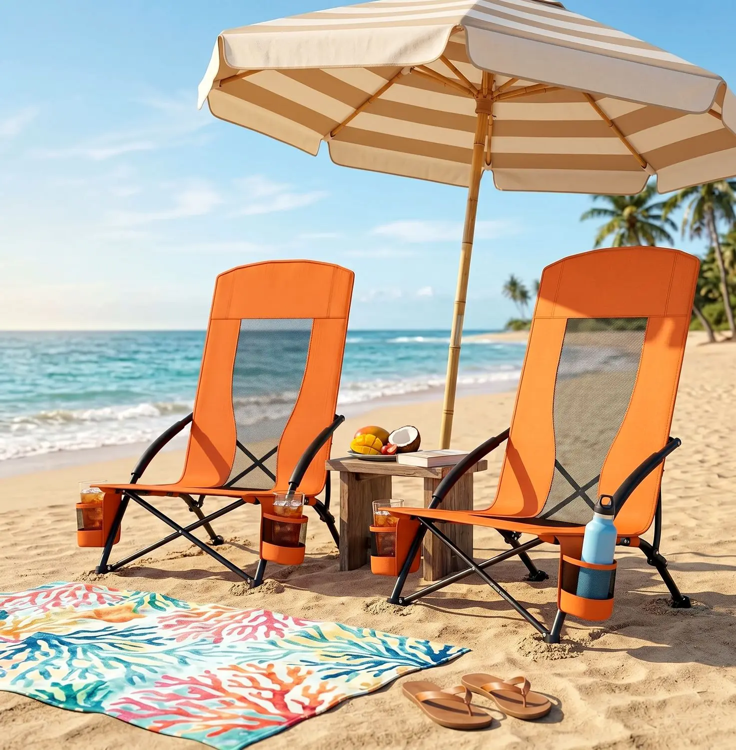 Arlopu 28.5″ High Back Folding Beach Chair for Adults W/Carry Bag, Portable Low Beach Chair W/Mesh Back & Padded Armrest, Cup Holder, for Camping, Outdoor, Travel, 2pack, 350LBS homeessentials