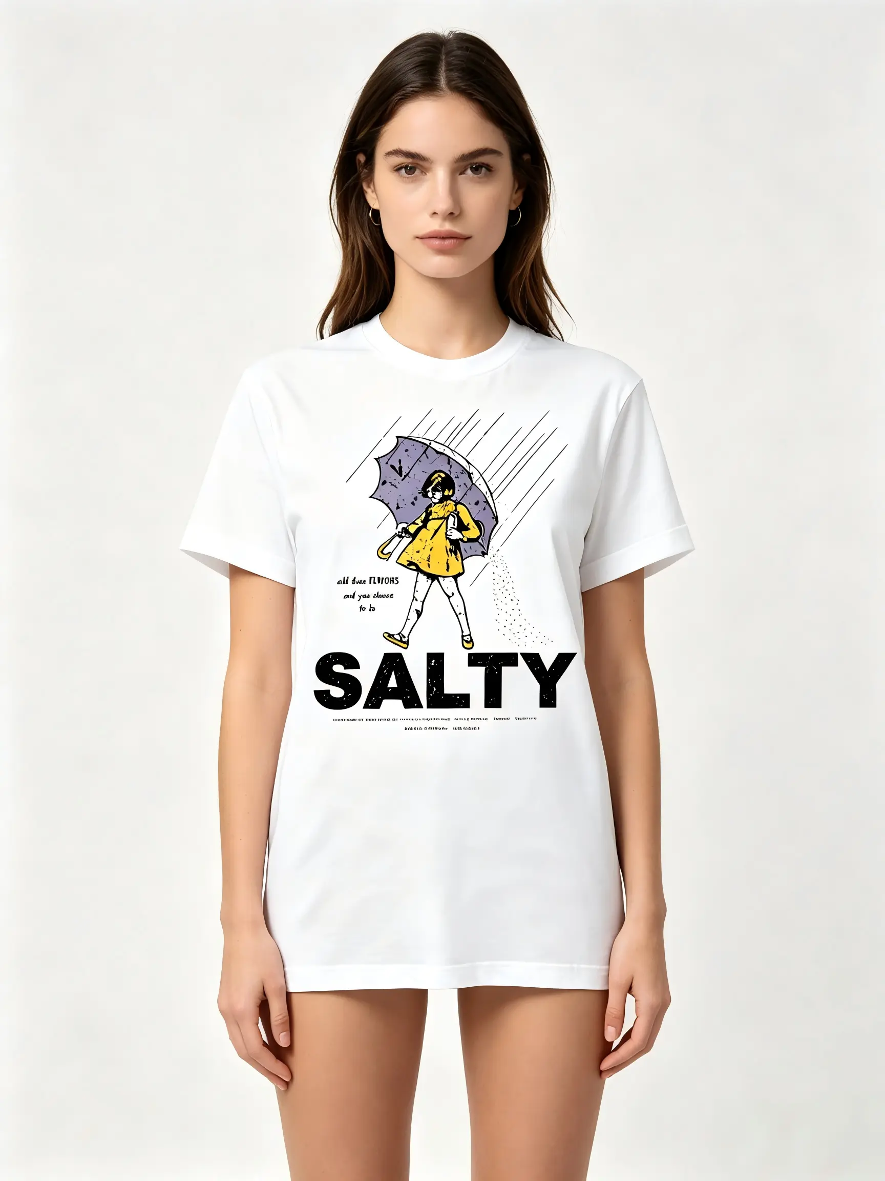 Women's Casual Unisex Retro Umbrella Girl Graphic Print T-Shirt - Sarcastic "All These Flavors And You Choose To Be Salty" Print, Short Sleeve Tee, Round Neck, Machine Wash, All-Seasons Casual Top, Black