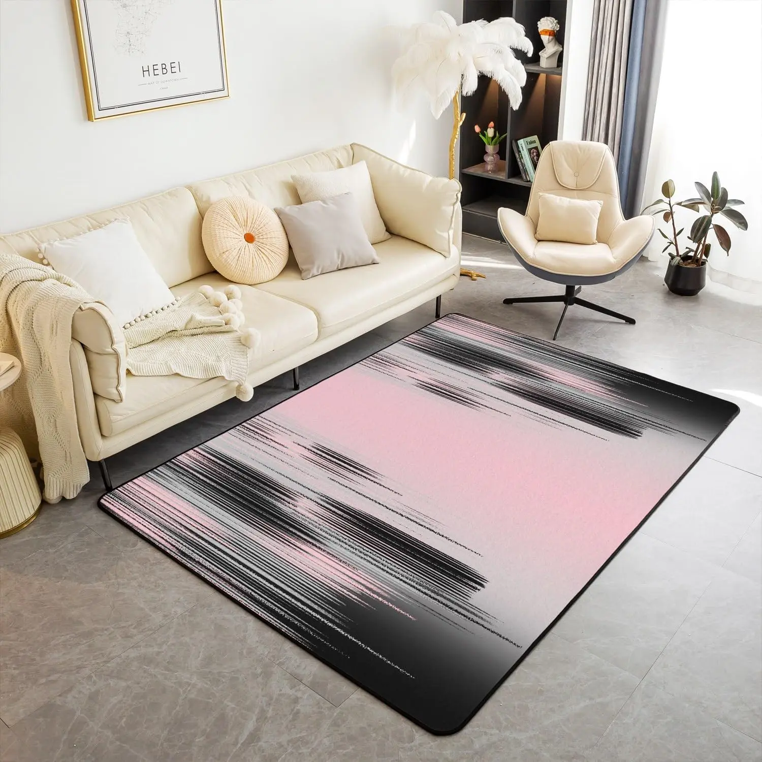 Feelyou Pink and Black Postmodern Non-slip Flannel Area Rug - Gradient Stripes Geometric Minimalist Messy Rust Art Design, Multi-size Indoor Floor Mat, Living Room Decor Bright Pink Area Rug, Bright Area Rugs