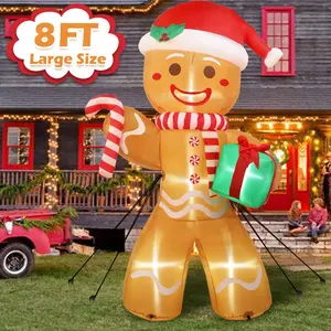 8 Foot Christmas Inflatable Gingerbread Man with Candy Cane, Outdoor LED Lights Display Yard Decoration, Holiday Occasion Decor
