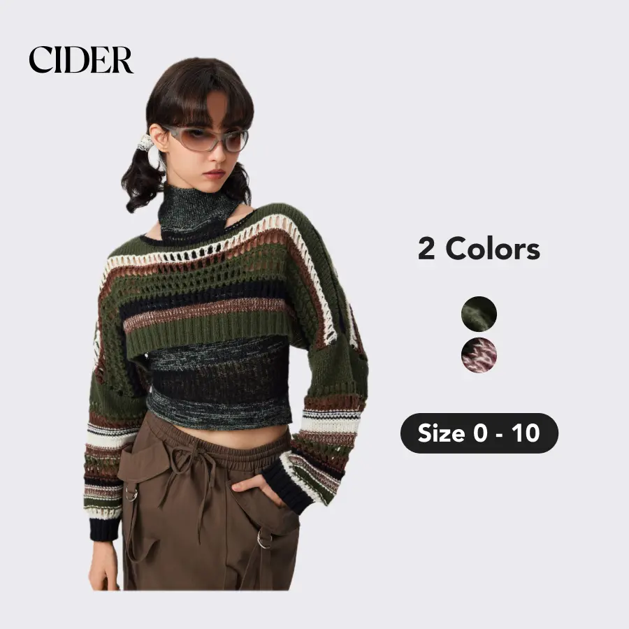 Cider Women's Knitwear Shrug Shirt, U-Neck Stripe Hollow-Out Long-Sleeve Cropped Top, Short, Lady, Casual, Longsleeves, Tops, Shrugs, Short Length, Stripe Pattern, Hollow-Out Detail Adds Airy Movement