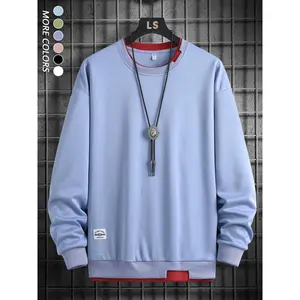 Men's 2 in 1 Letter Patched Sweatshirt, Casual Regular Fit Asymmetrical Hem & Neckline Long Sleeve Pullover for Spring & Fall, Fashion Men's Top for Daily Wear