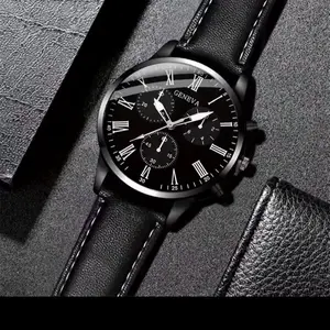 Geneva Classic Black Leather Strap Watch with Roman Numerals