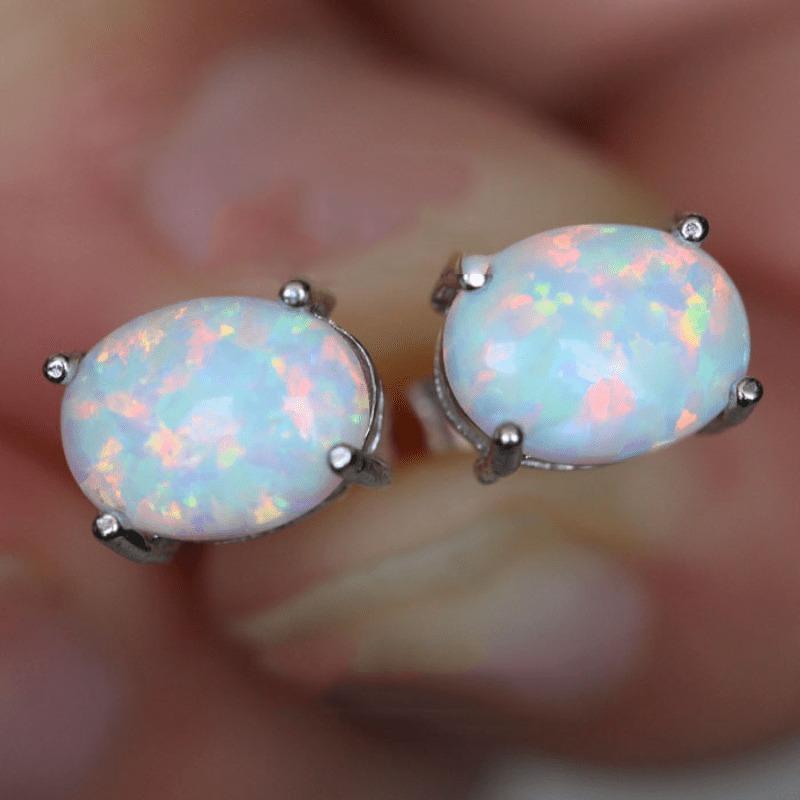Women's Minimalist Silver-Tone Oval Synthetic Opal Stud Earrings Set - Trendy Jewelry, Synthetic Coloured Gemstone with Warm and Vibrant Luster, Rainbow Fire Glow, Soft Sparkle, Subtle Chic, Ideal for Daily Wear, Valentine Gifting, Natural Beauty Accent