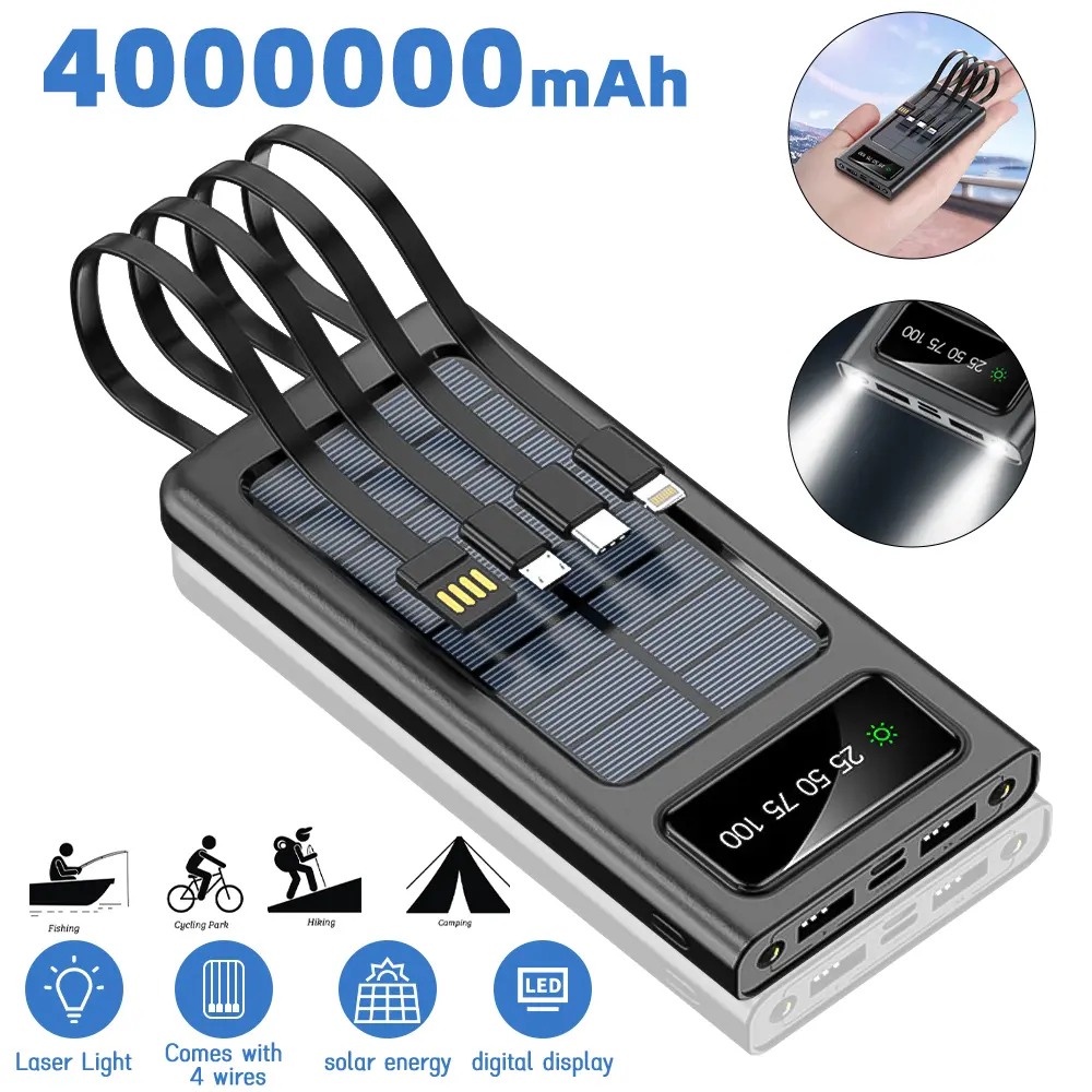 Portable Power Bank Solar Charger,40000mAh Power Bank Large Capacity Built in 3 Output and 1 Input Cables and Flashlight 5V2.1A Fast Charger Compatible with Smart Phones and Devices