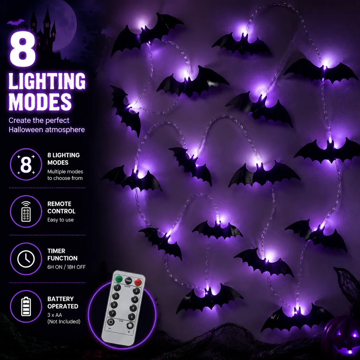 28Pcs Remote Control 3D Bat Shape Spooky Purple LED String Lights, Halloween Fairy Lights with Nano Glue Dot Stickers, Indoor Wall Window Door Party Decor (Batteries Not Included)