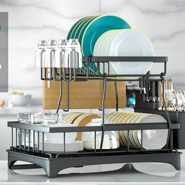 2-Tier Large Dish Drying Rack for Kitchen Counter, Detachable Dish Drainer with Drain Board & Utensil Holder, Big Capacity Dish Organizer Rack, Black