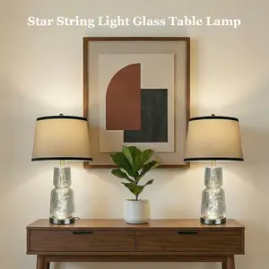 Modern Glass Table Lamp Set of 2, 26" Bedside Lamps with USB A+C Ports, Dual Independent Lights with Night Light, 3 Color Temperatures, Internal Starry String Lights, Silver Textured Lamps for Bedroom Living Room Office, Stockup Mothersday
