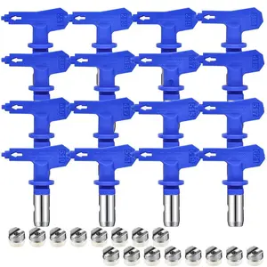 16-Piece Reversible (Self-Cleaning) Blue Tips (Nozzle models: 211, 213, 215, 311, 313, 315, 317, 413, 415, 417, 515, 517, 519, 521, 619, 621), airless sprayer nozzles, for use with all types of airless paint spray guns and airless sprayers.