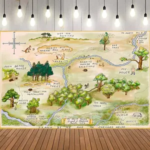 1pc 2D Flat Hundred Acre Wood Hand Drawn Illustration Map Backdrop Forest Animal Bear Pooh Background Birthday Party Supplies Dcoration Banners Wooden