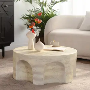 MgO Modern Minimalist Round Coffee Table, Unique Arched Cutout Base Side Accent Table, Sturdy No‑Assembly Stylish Home Decor for Living Room Bedroom
