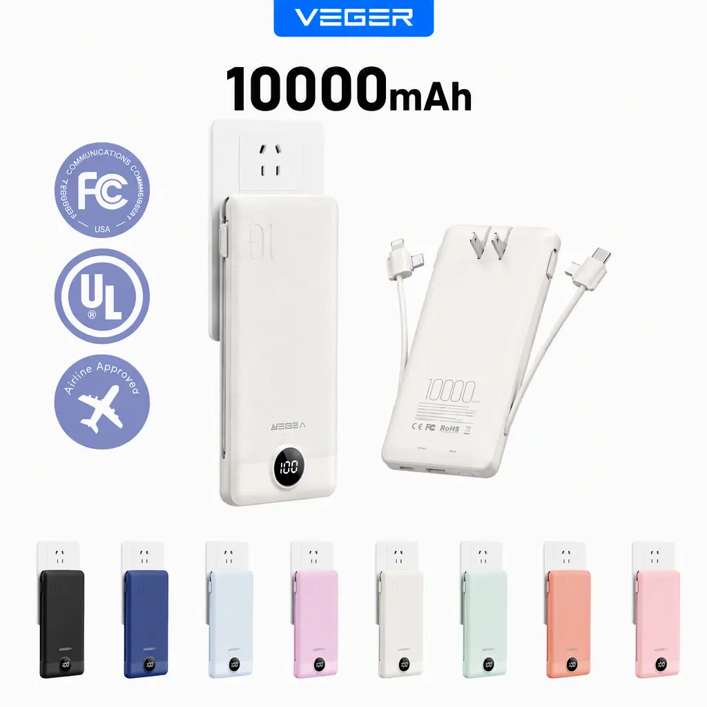 VEGER 10000mAh Mobile Battery Power Bank - Built-in USB-A Data Cable, AC Wall Plug, Lightweight Compact External Charger for Smartphones, Tablets, Travel & Outdoor Use (Charges 4 Devs)