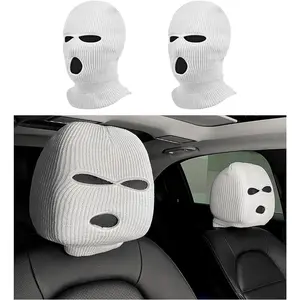2 PCS Car Headrest Cover Personalized Funny Car Seat Full Face Mask Ski Mask Wrap Protection for Auto Front Seat Rest Decoration Universal Interior Car Accessories White