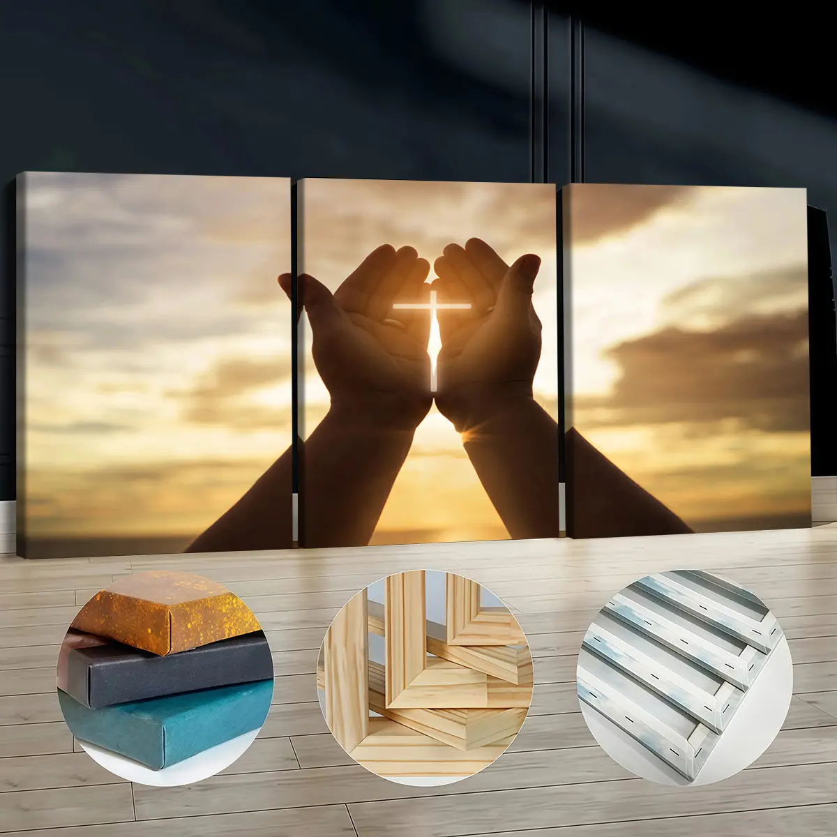 3Pcs Pine Wood-Framed Canvas Prints - 30*40cm(11.8*15.7inch) Artistic Hands Holding Cross Sunset Silhouette Wall Posters, Odorless Decorative Room Decor for Living Room, Bedroom