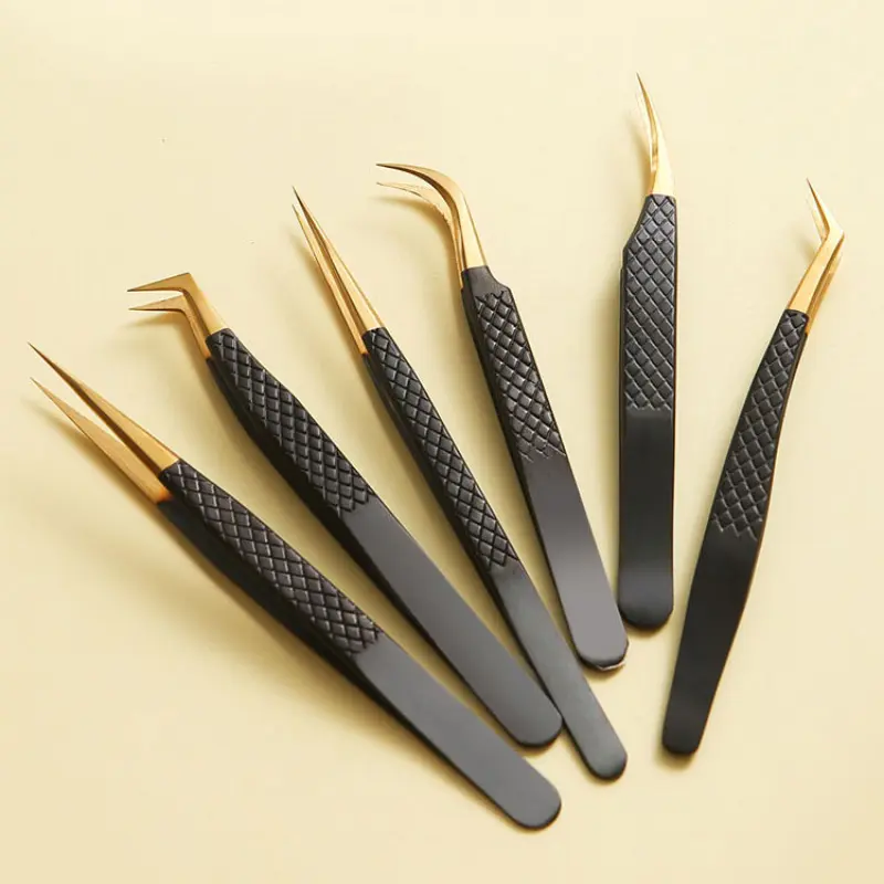 6pcs Precision Eyelash Extension Tweezers Set - Cosmetic Beauty Tool, Stainless Steel, Anti-Slip Grip for False Lashes & Nail Art, Eyelash Glue Tweezers