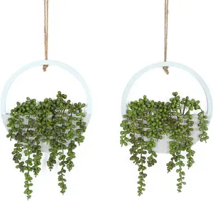 2PCS Hanging String of Pearls Succulent Plants – Faux Wall Decor with Wooden Pot & Optional LED Lights
