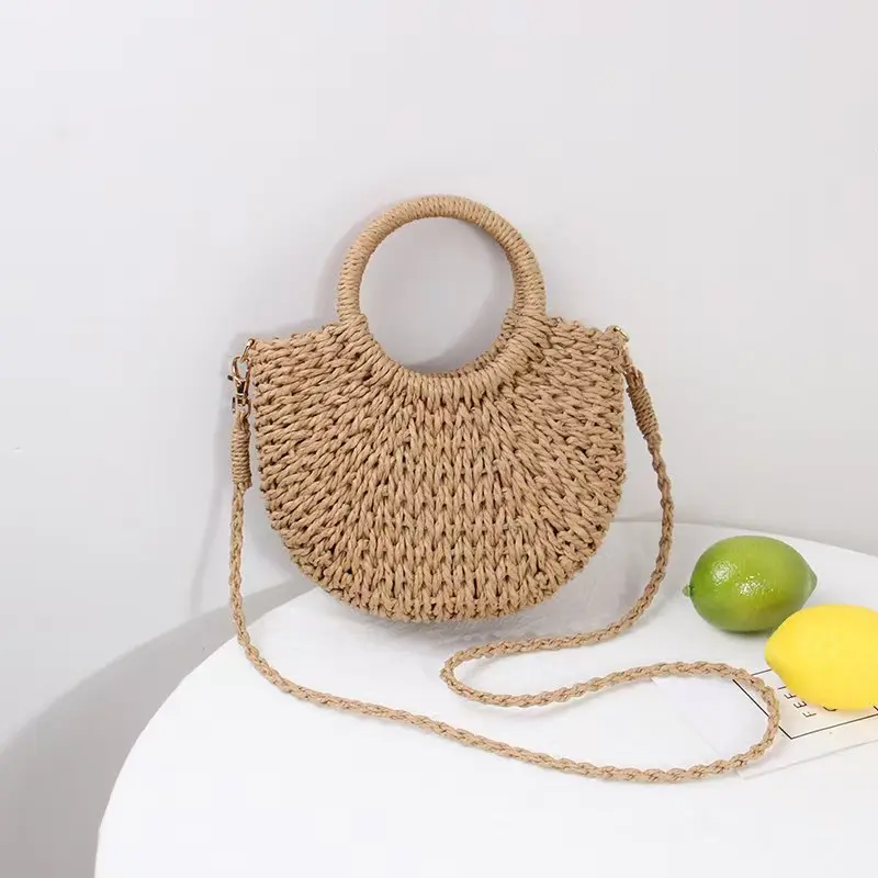 Natural Straw Half-Round Woven Breathable Storage Tote Bag - Round Top Handle, Large Capacity, Lightweight Summer Crossbody Handbag - Beach Essential, Spring/Summer Gift for Her