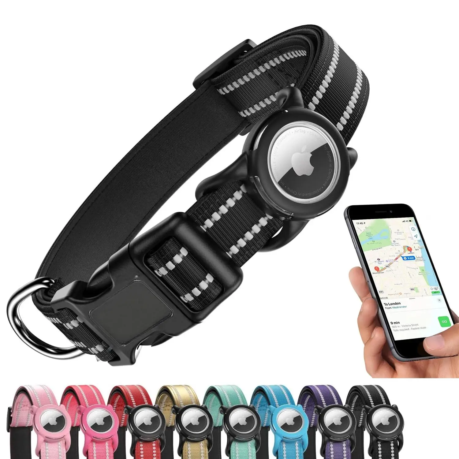 Solid Nylon Waterproof Dustproof AirTag Dog Collar with Reflective Collars, Soft Padded Holder, Safety Buckle, Adjustable for Dogs