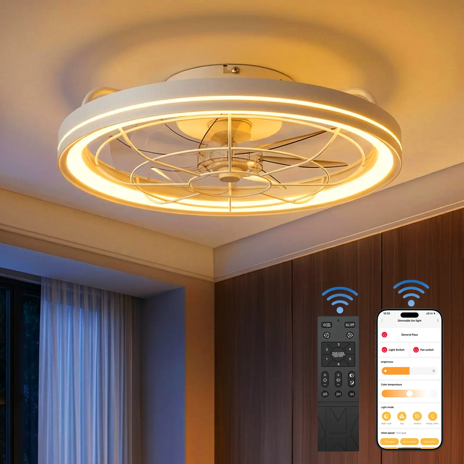 20 Inch Modern Flush Mount Ceiling Fan with Lights, 6 Speed Reversible Bladeless Ceiling Fan, 3 Color Dimmable LED Light, Low Profile Ceiling Fan with Remote & APP Control for Bedroom Living Room#Summervibes