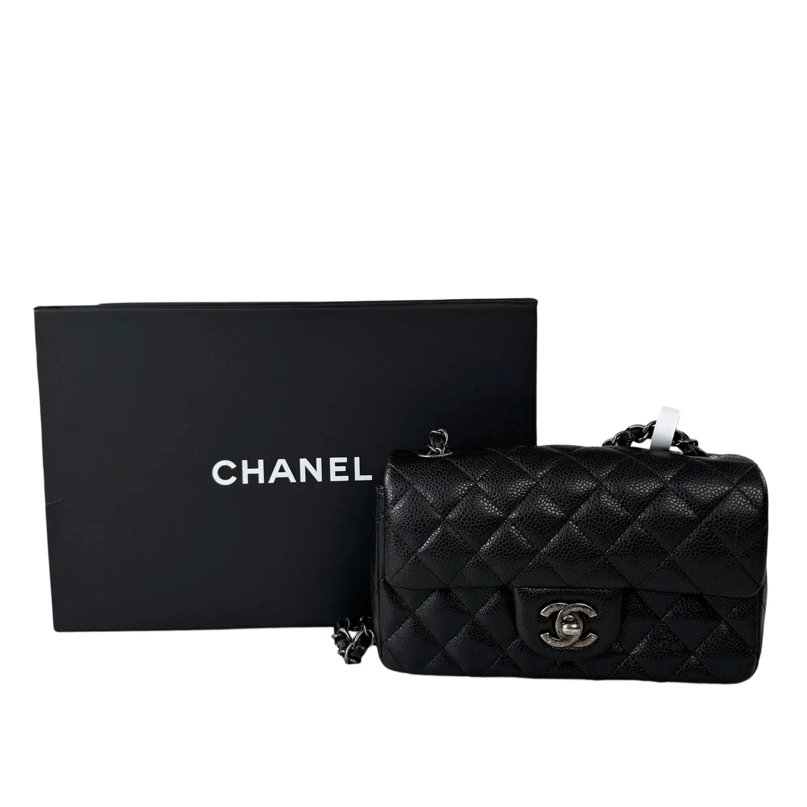 Pre-owned CHANEL leather Crossbody Bags Classic Flap Medium Black Caviar Silver Metal Chain Shoulder Crossbody Bag++charm++