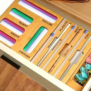 1pcs 9 IN 1 Storage Bag Organizer For Kitchen Drawer, Bamboo Foil And Plastic Wrap With Cutter, Organizers Compatible Gallon, Quart, Sandwich Snack Size, Birthday Gifts, New Year Gift