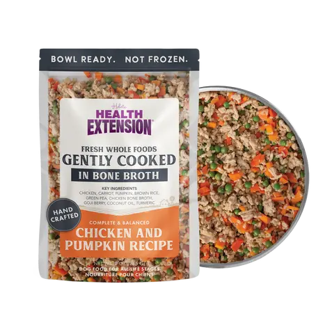 Health Extension Gently Cooked Chicken & Pumpkin Natural Dog Food - AAFCO Balanced Complete Meal, 9oz Pouches, Immune-Aid Herbs (Goji, Turmeric), Carrot, Rosemary, Vitamins, Coconut Oil, Fresh & Frozen Feeding Option