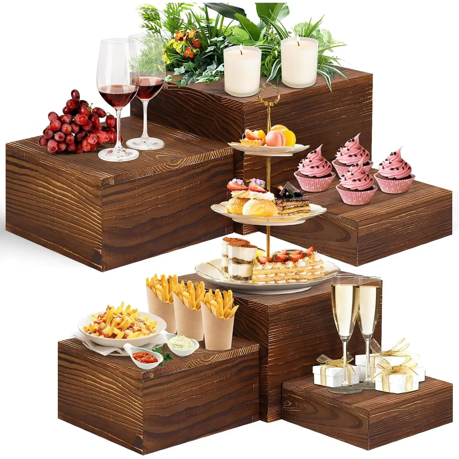 6 Pack Wooden Risers Display Stands Rustic  Cake & Cupcake Stands for Party Square  Risers for Buffet Wooden Crates for Display  Decor