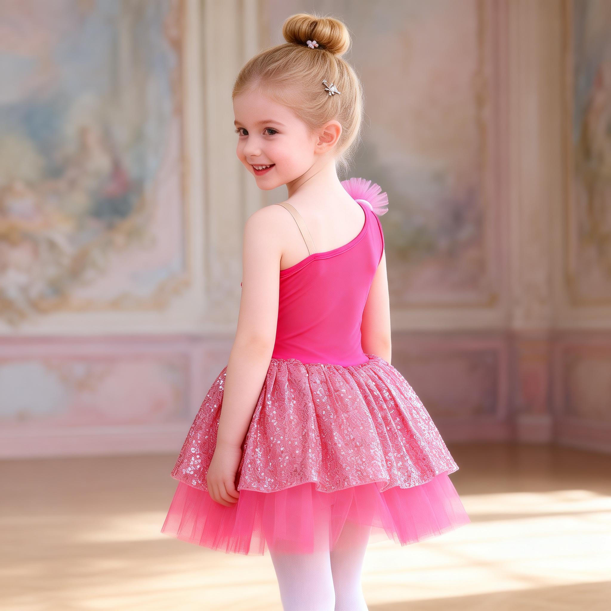 Kids Pink Sequin Ballet Tutu Dress for Girls, One Shoulder Sparkle Dance Costume for Dance Outfit for Stage Show &Party