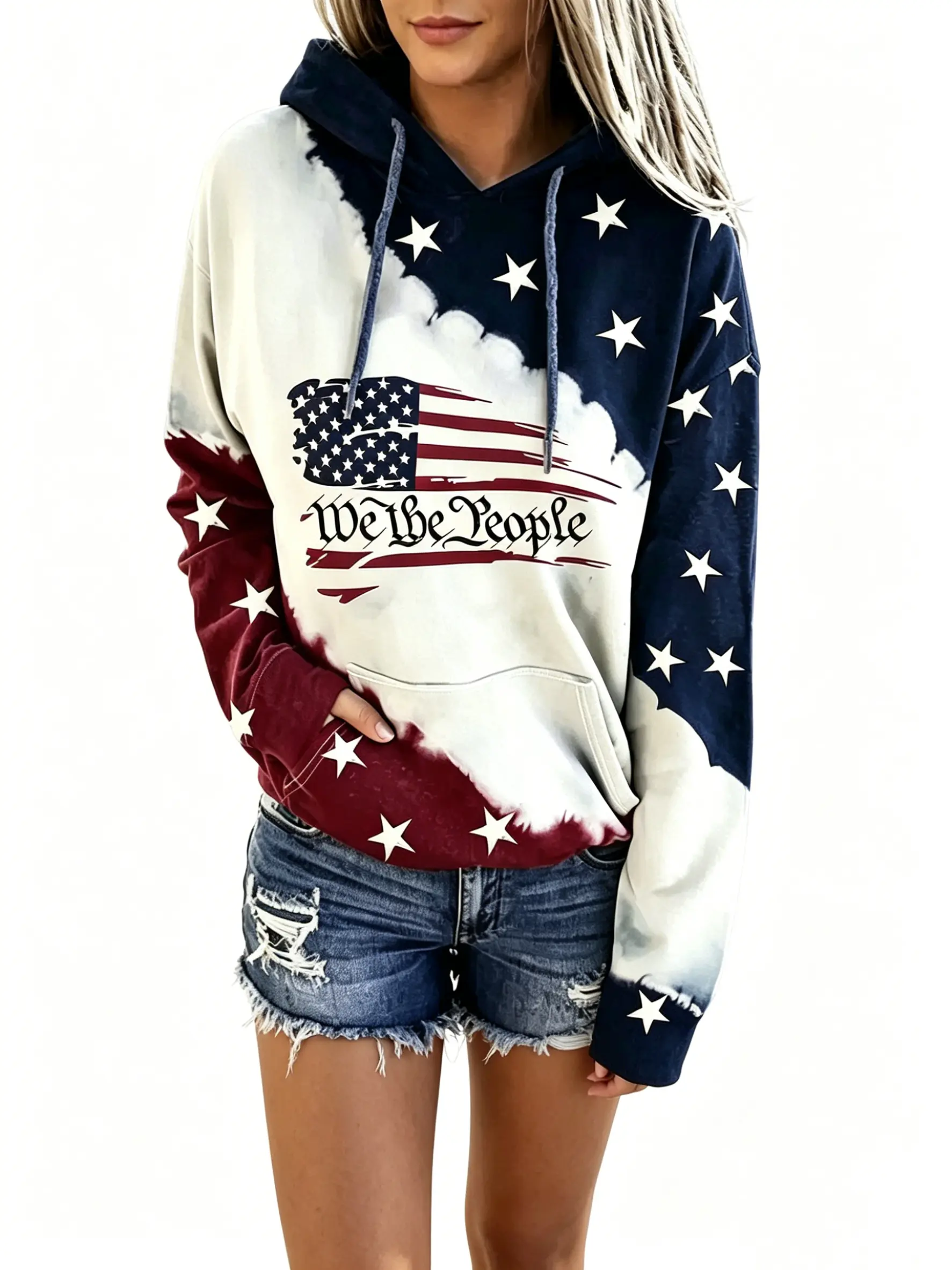 Women's "We The People" American Flag Print Long Sleeve Hoodie - Tie Dye Stars & Stripes Patriotic Style Casual Wear Everyday Top