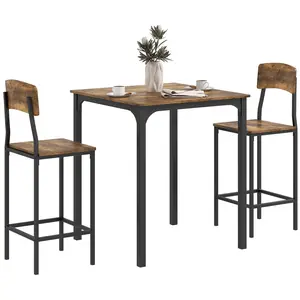 【GOOGREAT】HOMCOM 3 Piece Counter Height Bar Table and Chairs Set, Industrial Small Dining Table Set for 2, Square Kitchen Table and Stools with Steel Frame, Rustic Brown and Black