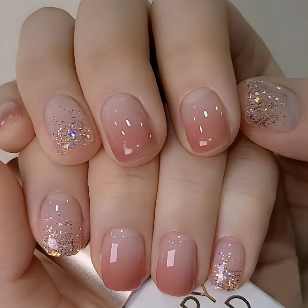 24-Piece Set of Short, Glossy Squoval Press-On Nails – Pink Ombré French Style with Glitter Finish