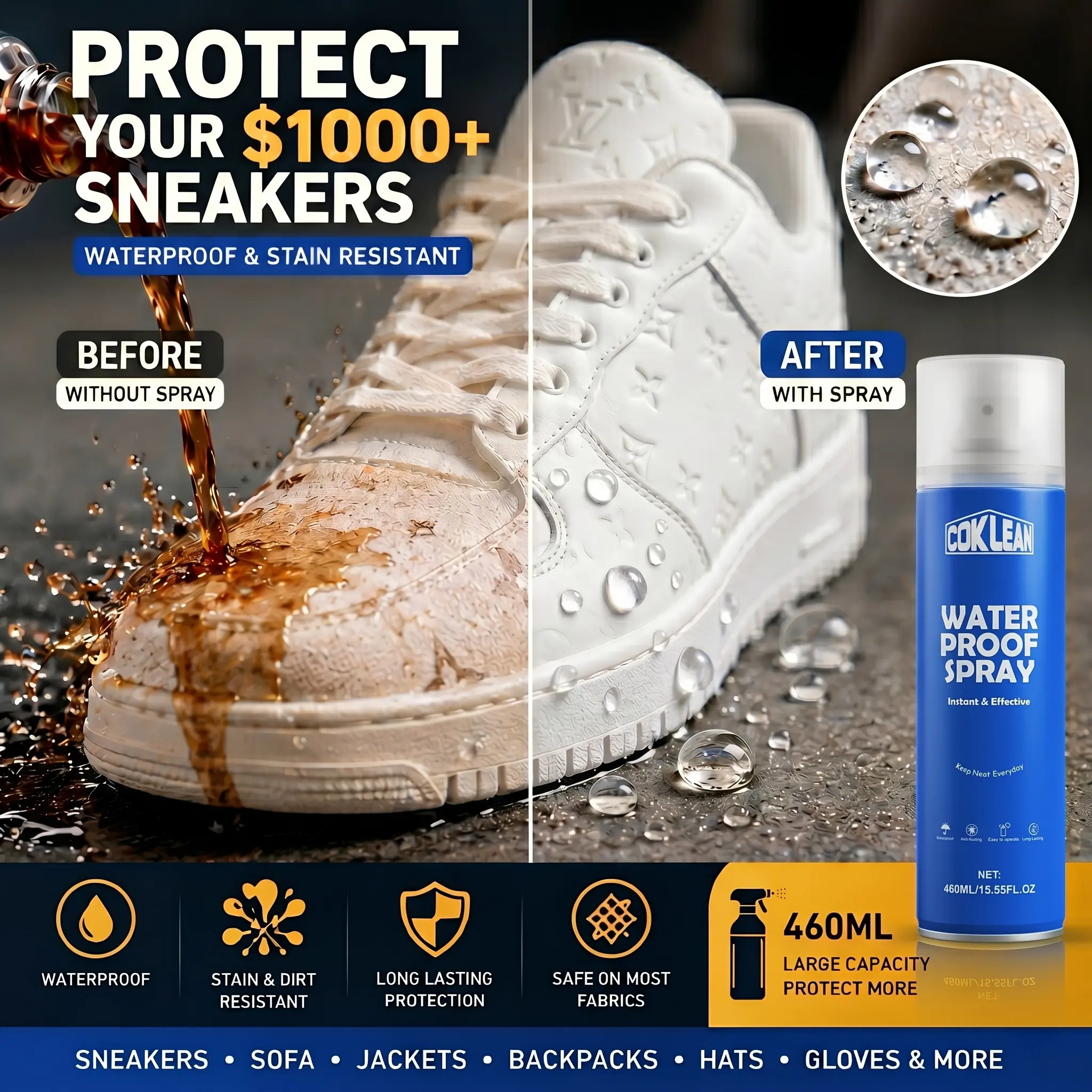 Waterproof Water Resistant Shoe Protector Spray - 15.55 oz Household Cleaner, Covers Hats & Daily Wear, Guards Sneakers, Suede, Canvas, Fabric, Leather Against Rain, Coffee, Dirt (Up to 15-20 Pairs)