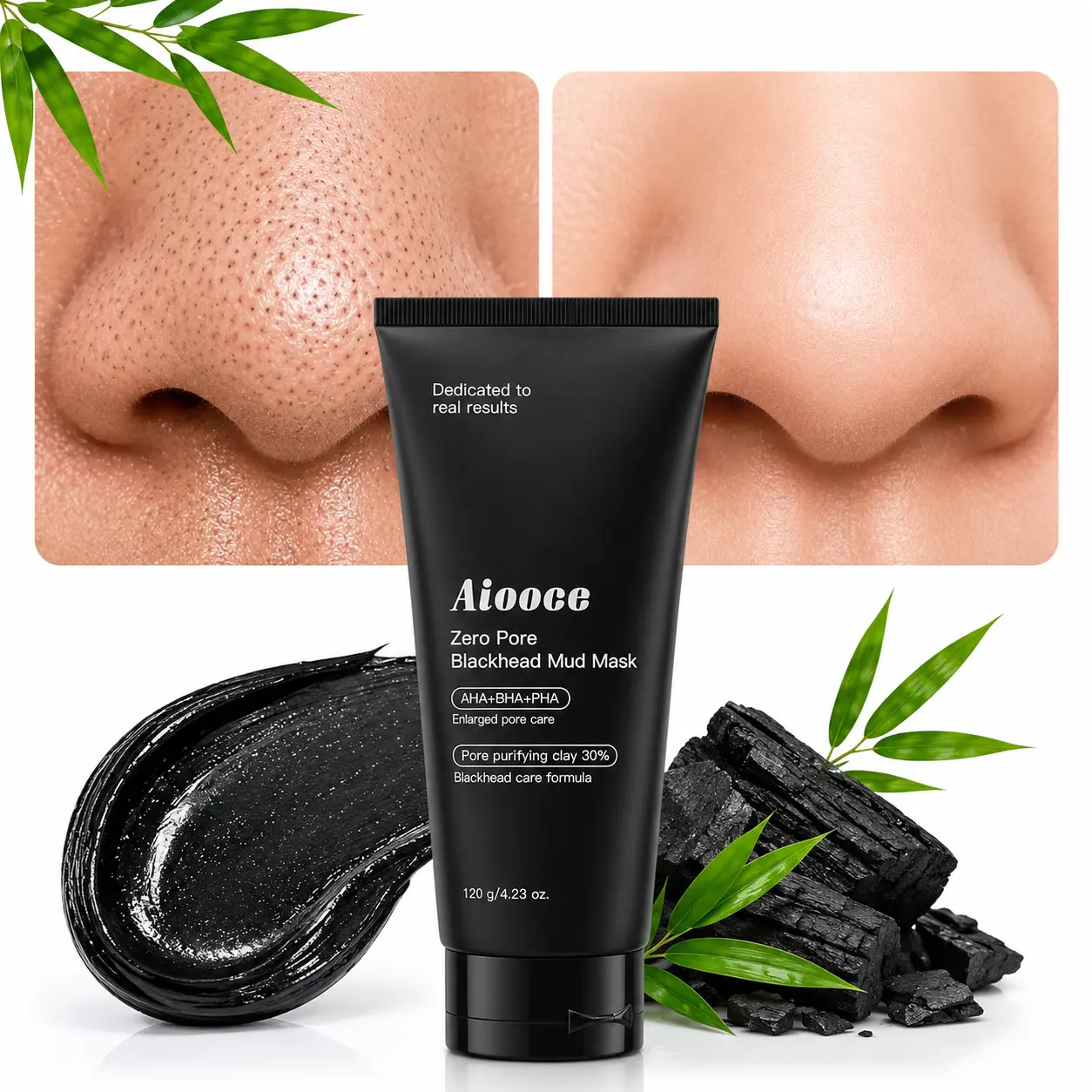 Blackhead Mud Mask, AHA+BHA+PHA Clay Facial Mask with Charcoal, Deep Cleansing Pore Care Formula for Nose & Face, Helps Improve the Appearance of Pores, Smooth-Looking Skin & Fresh Complexion, 120g