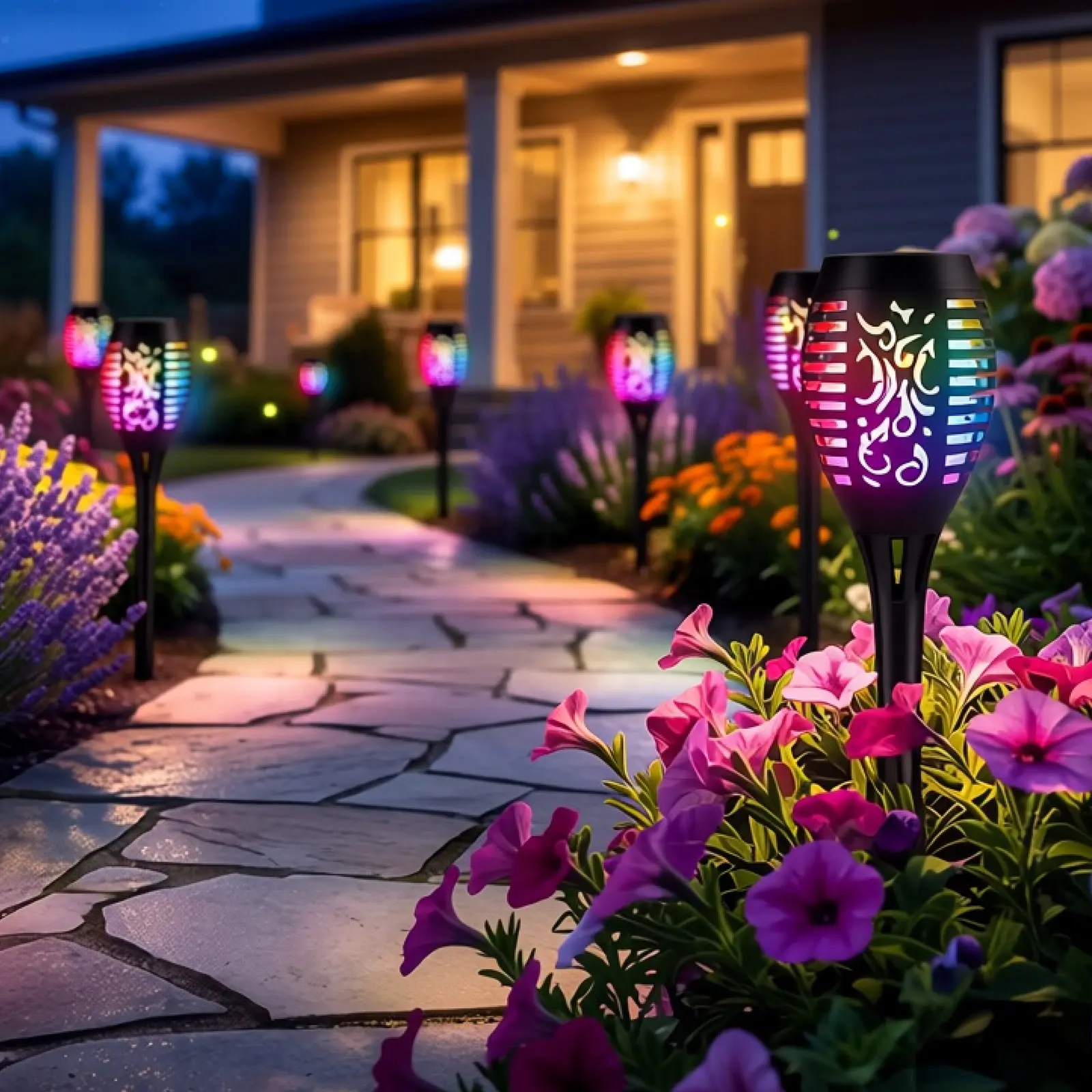[Summerwins] Solar Pathway Lights Outdoor 8-Pack, BLITZWILL RGB Color Changing Solar Torch Path Lights with 12 LEDs, IP44 Waterproof Solar Powered Lighting for Garden, Walkway, Yard, Landscape & Holiday Christmas Halloween Decor