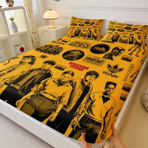 Stranger Things Characters Fitted Sheet Set,1 Fitted Sheet 2 Coreless Pillowcase,“HAWKINS”“Vecna's Lair” Otherworldly Monsters Text Logo,Gift for Fans American TV Series Fan Bedroom Gifts
