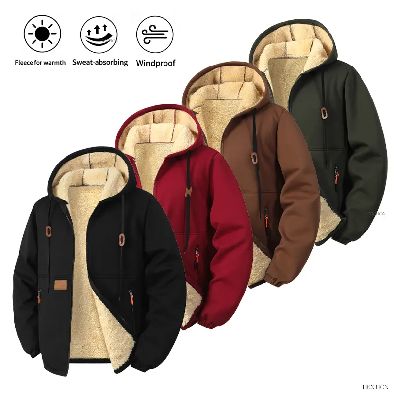 Men's Thick Sherpa Fleece Lined Hoodie Full Zip Windproof Thermal Jacket Sweat Absorb Daily Winter Hiking Casual Outer Coat fall Menswear Tops