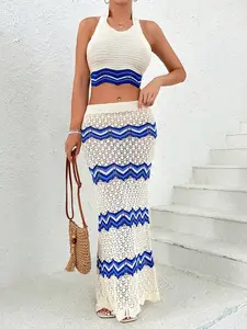 Women's Colorblock Crochet Knit Sweater Set, Crochet Knitwear Set, Casual Two-piece for Summer Beach Holiday Vacation, Ladies Clothes, Womenswear