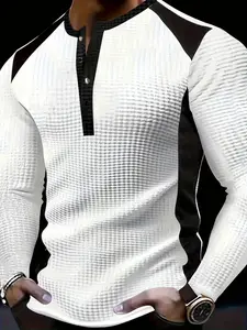 Men's Patchwork Henry Shirt, Casual Stylish Long Sleeve, Fitted, Elastic Polyester Fabric, Button Details, Perfect for Outdoor Activities & Leisure Wear