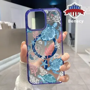 Magnetic Phone Case Supports Wireless Charging for iPhone 17 15 16 14 Pro Max 13 12 11 XR XS Plus E Cute Turtle Pattern Silicone Shockproof Transparent  Drop Protective Cover Protection Acrylic Casing