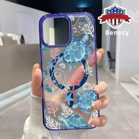 Magnetic Soft Silicone Resin Cover for iPhone 11-17, 12-16 Pro Max, 15 Plus, XR, XS Plus E - Cute Turtle Pattern, Shockproof Transparent Acrylic Casing, Wireless Charging Support, Cute Phone Accessories