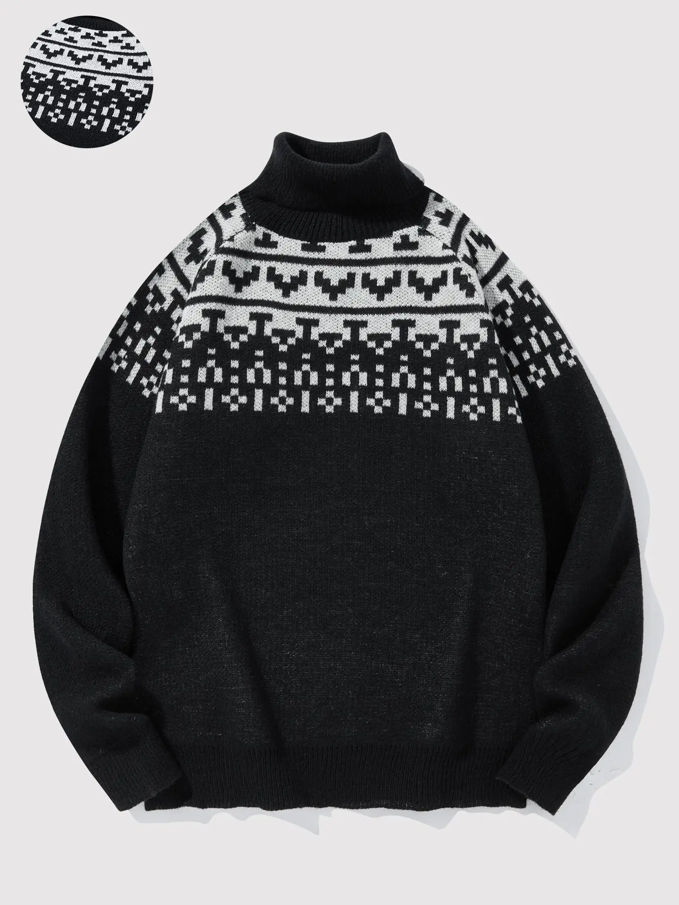 Men's Ethnic Pattern Raglan Sleeve Sweater, Regular Fit Casual Long Sleeve Mock Neck Jumper for Fall & Winter, Fashion Men's Knitwear for Daily Wear