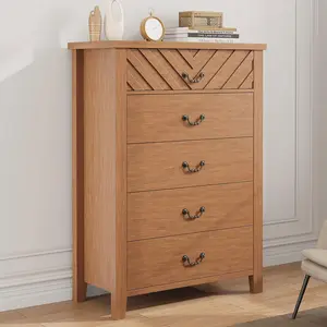 5 Drawer V Front Wood Dresser, Elegant Chest for Bedroom Living Room Nursery Entryway, Space Saving Nightstand with Drawers