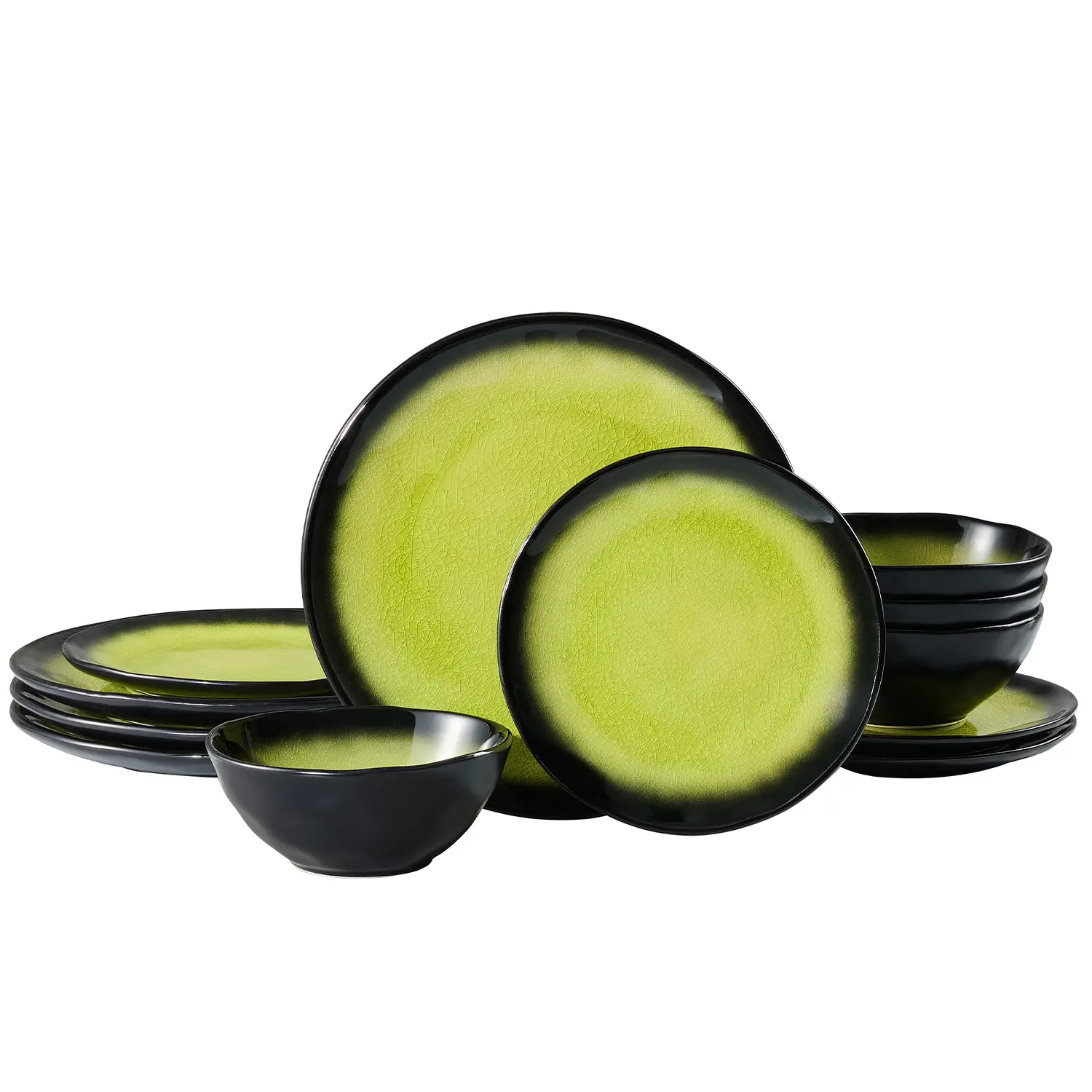 KINGSTONE 12‑Piece Crackle Glaze Ceramic Dinnerware Set, Handcrafted Reactive Kiln‑Change Gradient Plates and Bowls, Oven Microwave Dishwasher Safe, FDA & Prop 65 Certified, Housewarming Gift‑Green / Amber Yellow