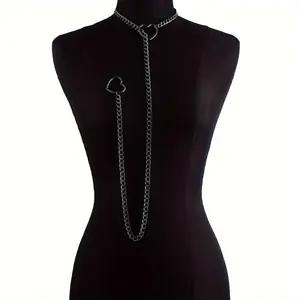 Double Love Heart Golden Chain Leash Necklace Punk Gothic Necklace