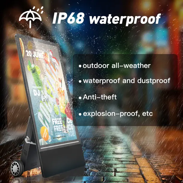 43 inch Rechargeable Portable Outdoor Digital Signage Displays IP68 Waterproof All-Weather with Locking Wheel Automatically Adjusts Brightness