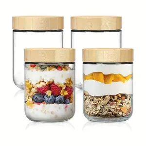 4-Piece Overnight Oat Container Set with Bamboo Lids, Sealed Glass Jars for Meal Prep, Wide Mouth Mason Salad Jars, Food Storage Containers