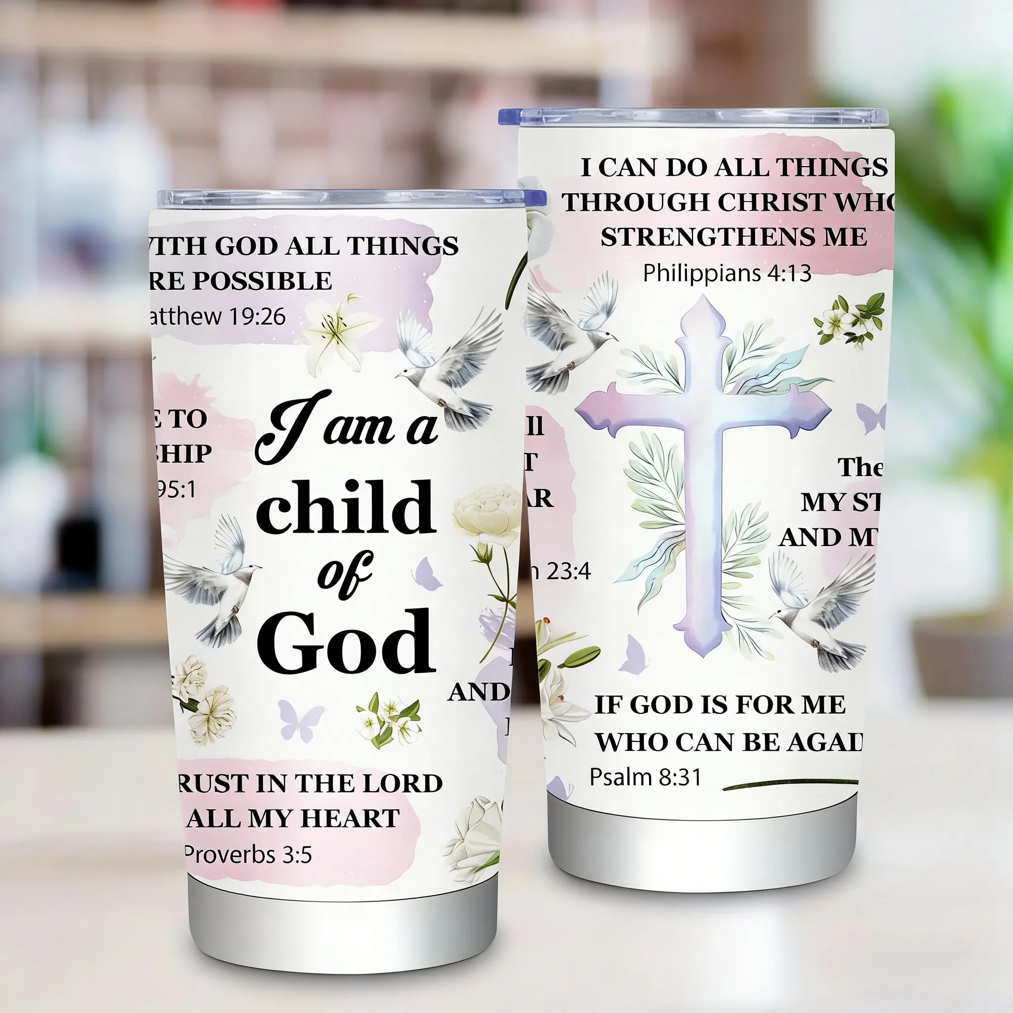 20oz Stainless Steel Portable Insulated Thermal Christian Tumbler with Lid - "I Am A Child Of God" Bible Verse Drinkware - Mother's Day Gift For Women Moms