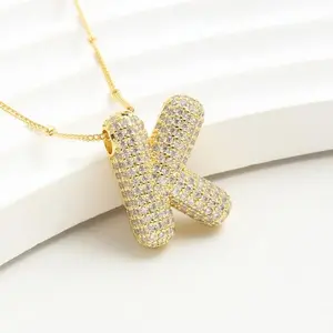 14K GoldPlated Chunky Bubble Initial Necklace for Women – Dainty Personalized Letter Pendant with Cubic Zirconia – Bold Statement Jewelry Gift for Her Birthday Anniversary, mothers gift,spring necklace