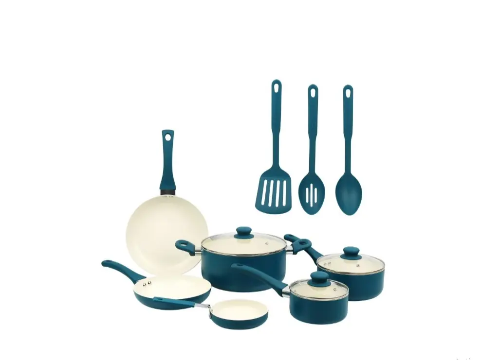 Mainstays 12 Piece Ceramic Nonstick Aluminum Pots and Pans Cookware Set, Blue