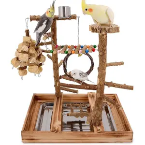 Bird Playground, Natural Wood Bird Perch Stand, Bird Parrot Parakeet Toys, Bird Perches, Bird Platform, Bird Cage Accessories, with Removable Tray and 2 Stainless Steel Cups